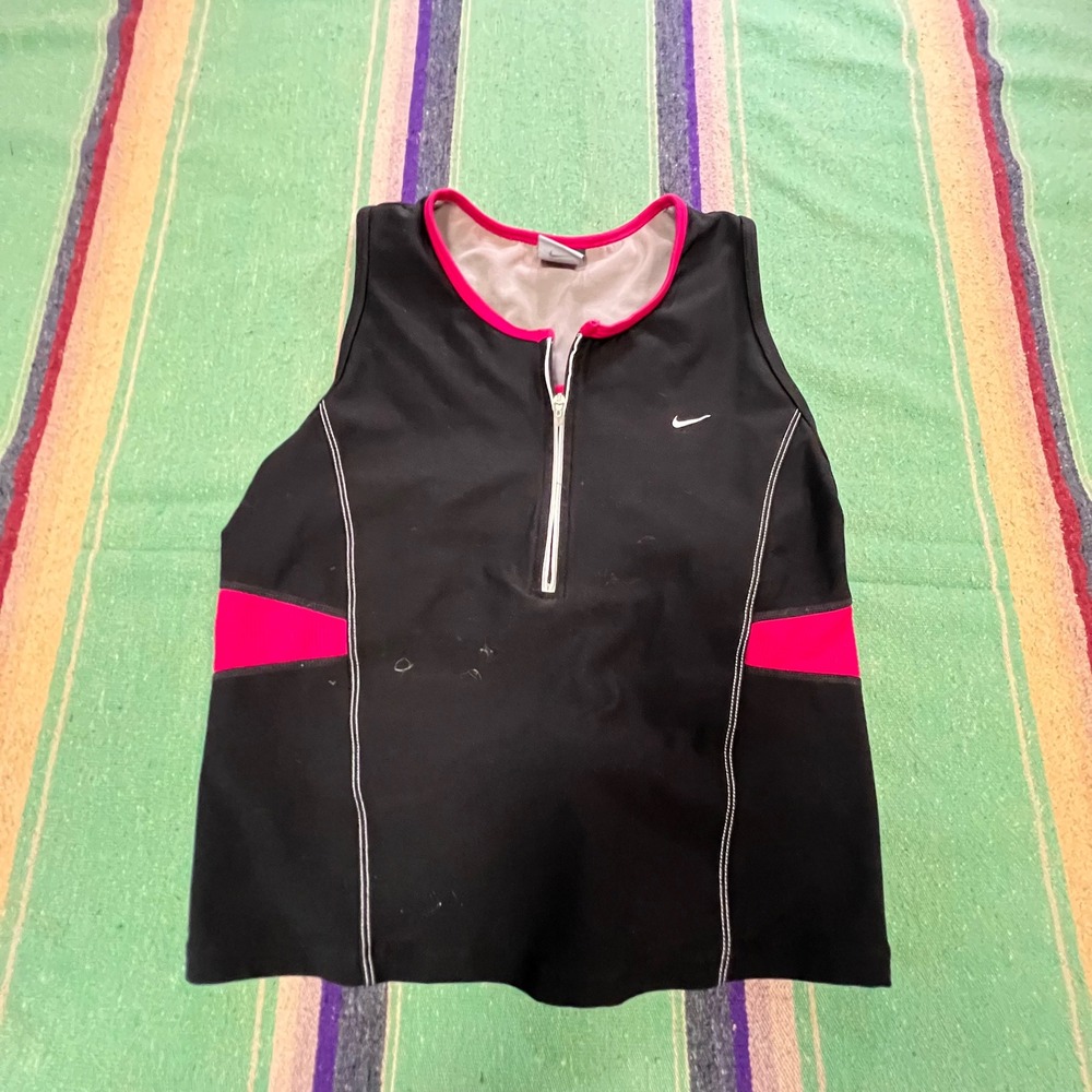 Nike Tank Top Womens L Black Pink Dri-FIT Racerback 1/4 Zip Built-in Bra Pocket